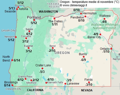 Oregon - mappa con le temperature medie a novembre