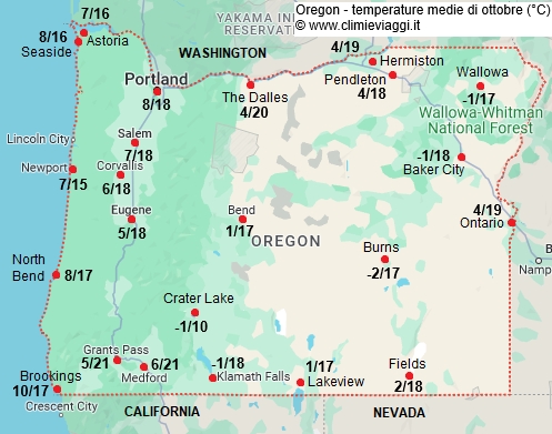 Oregon - mappa con le temperature medie a ottobre