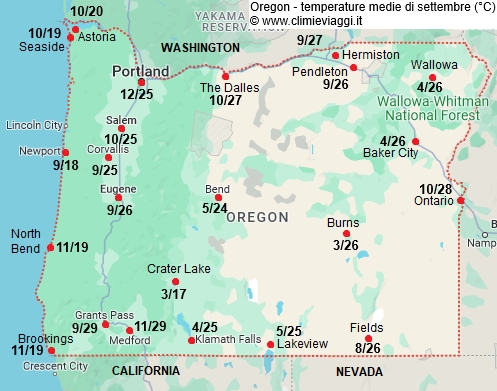 Oregon - mappa con le temperature medie a settembre