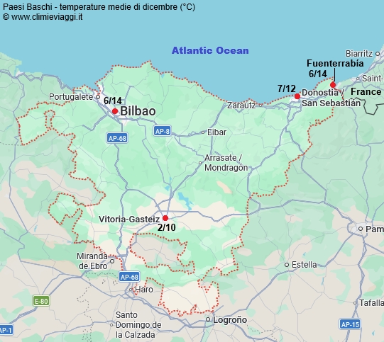 Paesi Baschi - mappa con le temperature medie a dicembre