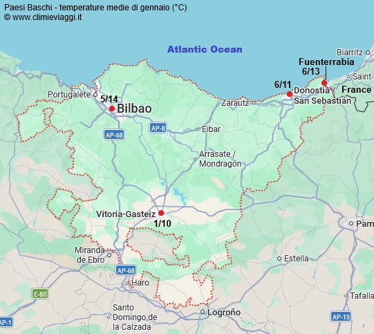 Paesi Baschi - mappa con le temperature medie a gennaio