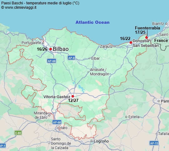 Paesi Baschi - mappa con le temperature medie a luglio