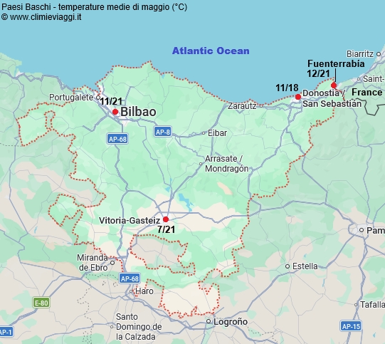 Paesi Baschi - mappa con le temperature medie a maggio