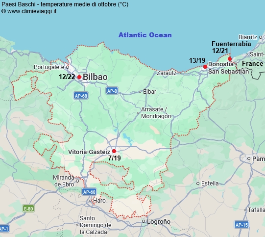 Paesi Baschi - mappa con le temperature medie a ottobre