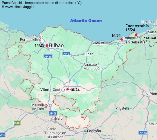 Paesi Baschi - mappa con le temperature medie a settembre