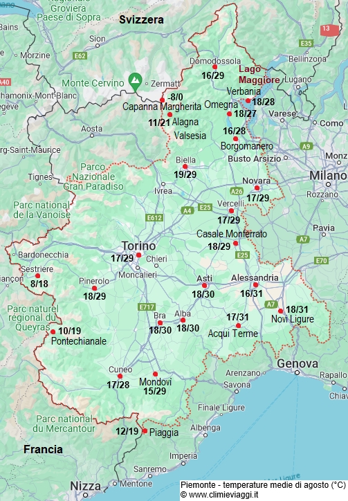 Piemonte - mappa con le temperature medie a agosto