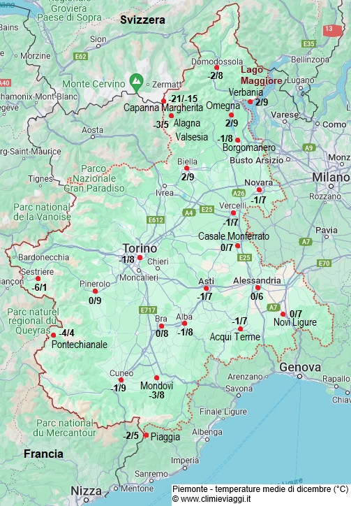 Piemonte - mappa con le temperature medie a dicembre