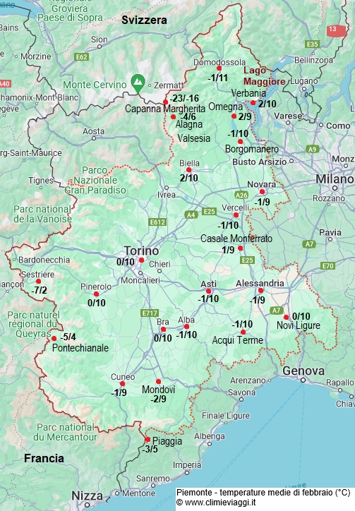 Piemonte - mappa con le temperature medie a febbraio