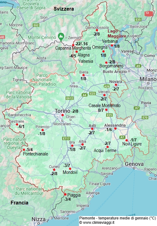 Piemonte - mappa con le temperature medie a gennaio