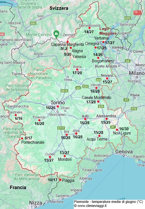 Piemonte - mappa con le temperature medie a giugno