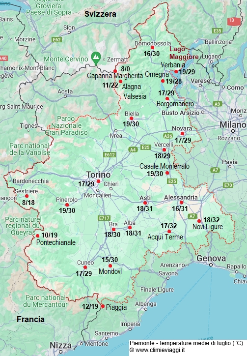 Piemonte - mappa con le temperature medie a luglio