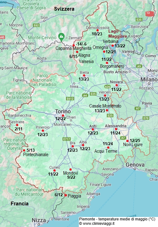 Piemonte - mappa con le temperature medie a maggio