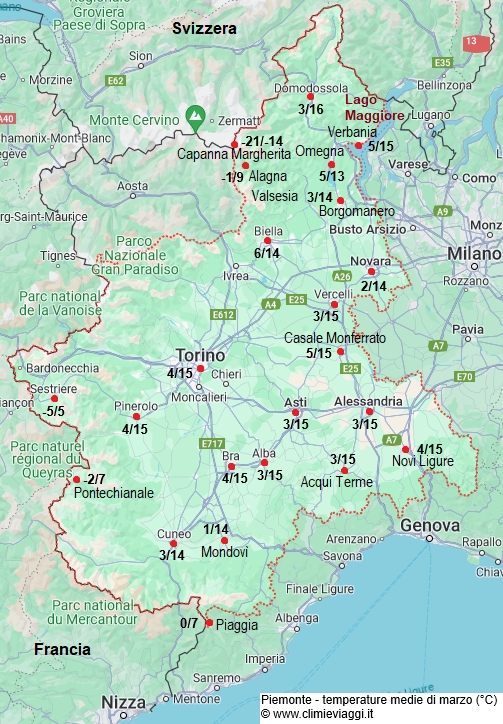 Piemonte - mappa con le temperature medie a marzo