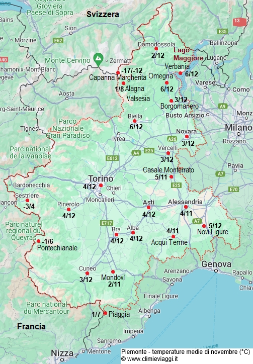 Piemonte - mappa con le temperature medie a novembre