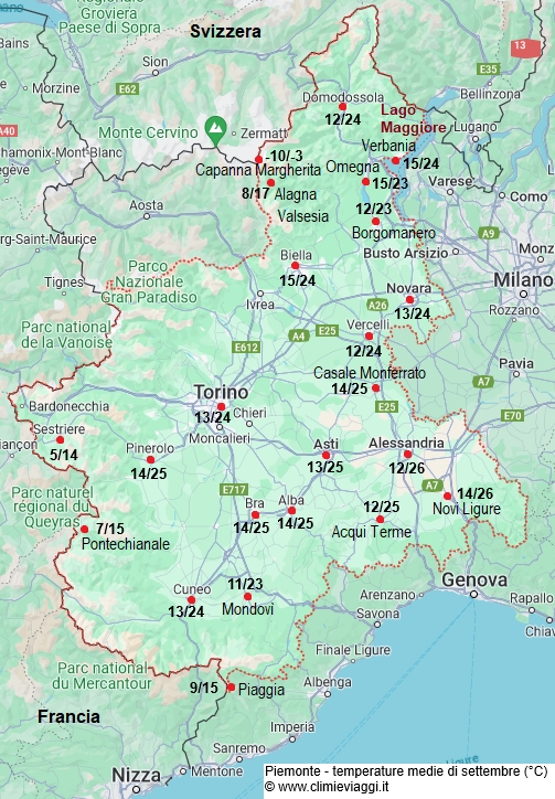 Piemonte - mappa con le temperature medie a settembre