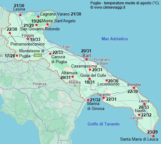 Puglia - mappa con le temperature medie a agosto