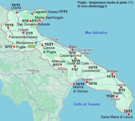 Puglia - mappa con le temperature medie a aprile