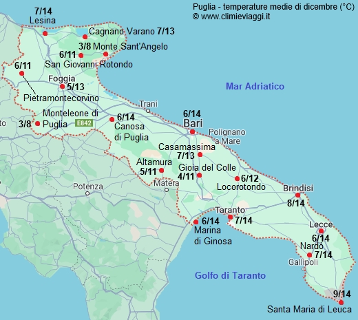 Puglia - mappa con le temperature medie a dicembre