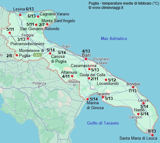 Puglia - mappa con le temperature medie a febbraio