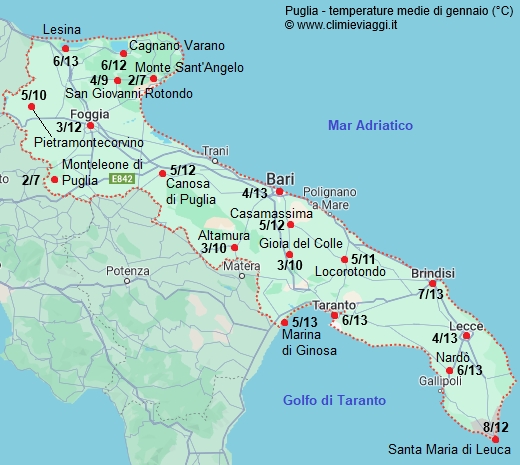 Puglia - mappa con le temperature medie a gennaio