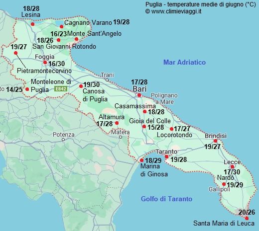 Puglia - mappa con le temperature medie a giugno