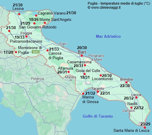 Puglia - mappa con le temperature medie a luglio