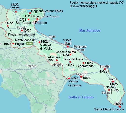 Puglia - mappa con le temperature medie a maggio
