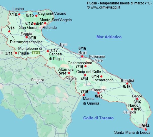 Puglia - mappa con le temperature medie a marzo
