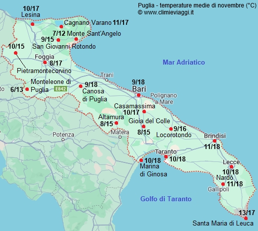 Puglia - mappa con le temperature medie a novembre