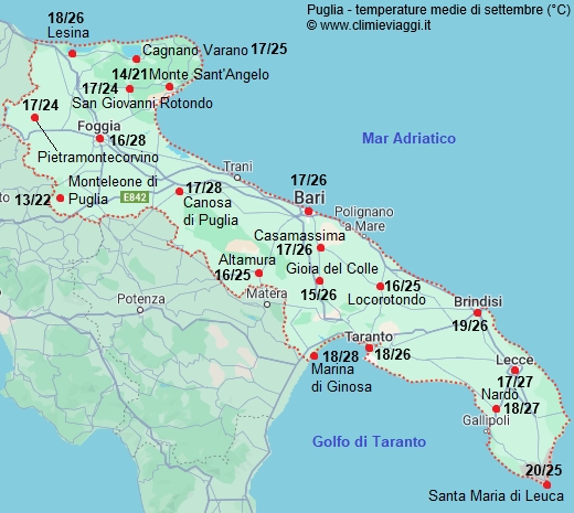 Puglia - mappa con le temperature medie a settembre