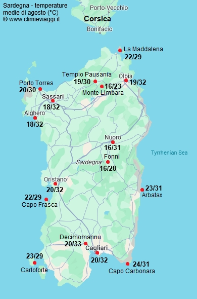 Sardegna - mappa con le temperature medie a agosto