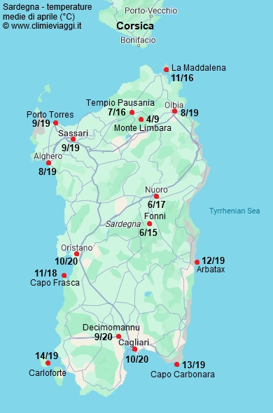 Sardegna - mappa con le temperature medie a aprile
