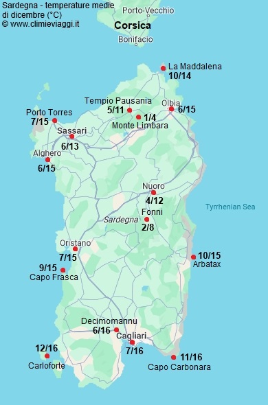 Sardegna - mappa con le temperature medie a dicembre