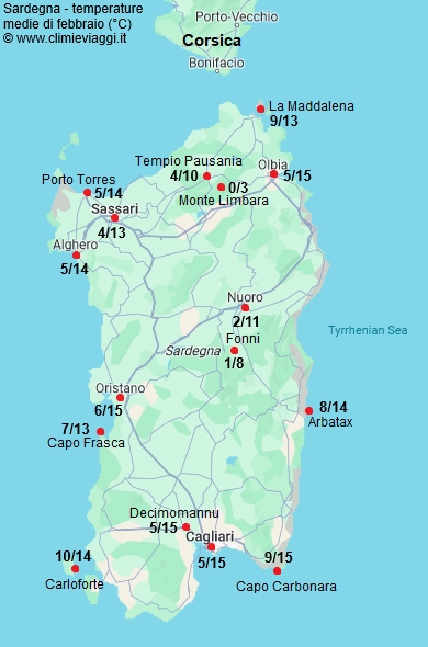 Sardegna - mappa con le temperature medie a febbraio