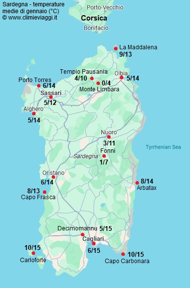 Sardegna - mappa con le temperature medie a gennaio
