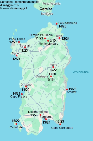 Sardegna - mappa con le temperature medie a maggio