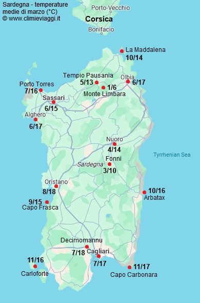Sardegna - mappa con le temperature medie a marzo