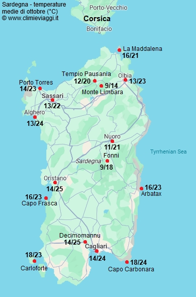 Sardegna - mappa con le temperature medie a ottobre