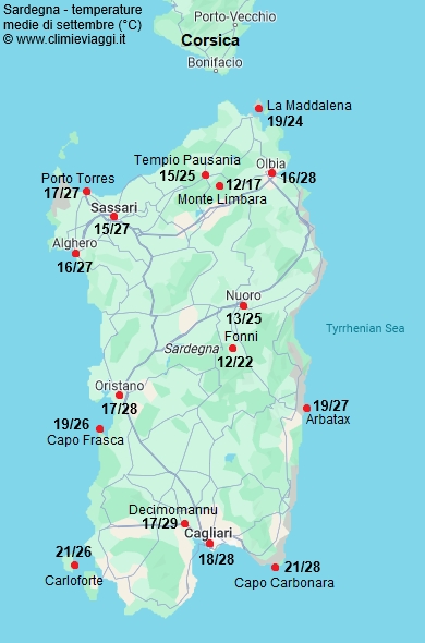 Sardegna - mappa con le temperature medie a settembre