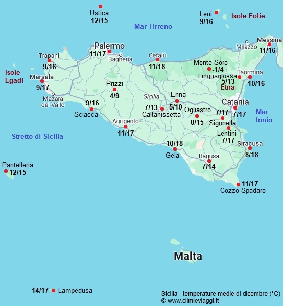 Sicilia - mappa con le temperature medie a dicembre