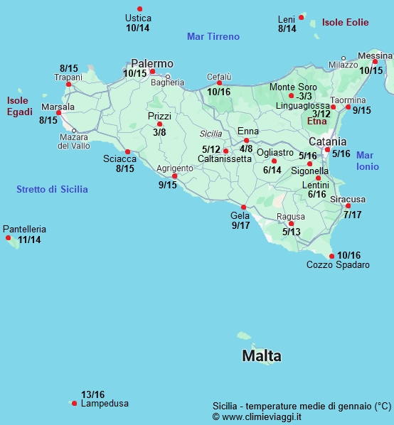 Sicilia - mappa con le temperature medie a gennaio