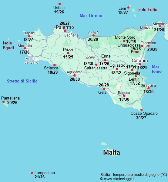 Sicilia - mappa con le temperature medie a giugno