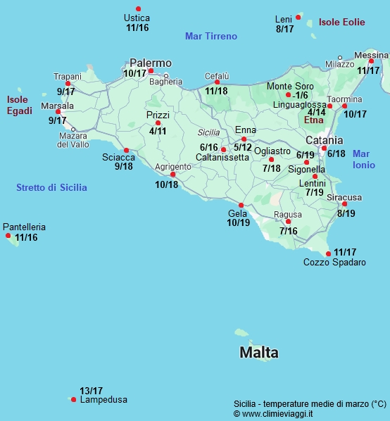 Sicilia - mappa con le temperature medie a marzo