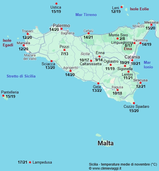 Sicilia - mappa con le temperature medie a novembre