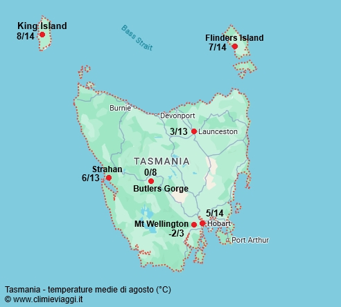 Tasmania - mappa con le temperature medie a agosto