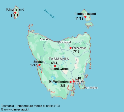 Tasmania - mappa con le temperature medie a aprile