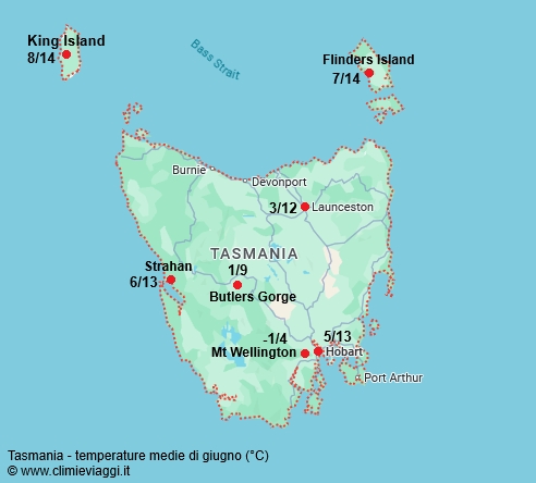 Tasmania - mappa con le temperature medie a giugno
