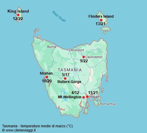 Tasmania - mappa con le temperature medie a marzo