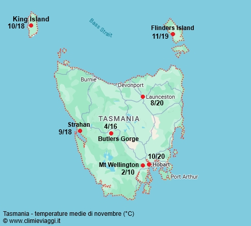 Tasmania - mappa con le temperature medie a novembre