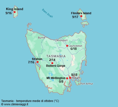 Tasmania - mappa con le temperature medie a ottobre